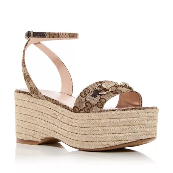 Gucci Horsebit GG Supreme Platform Espadrille Wedge Heel Sandals Shoes - Picture 1 of 16